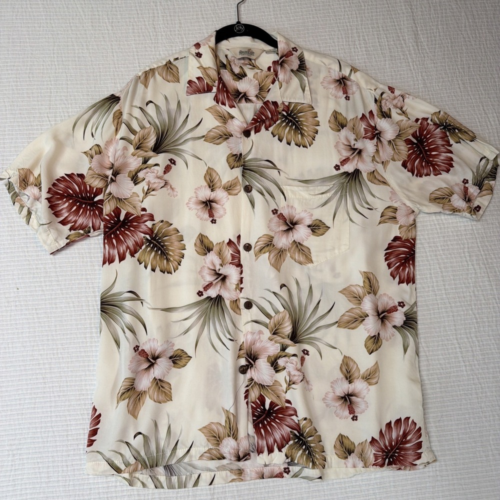 Vintage Paradise Bay Men Tropical Hawaiian Floral Cream Shirt Short Sleeve  L